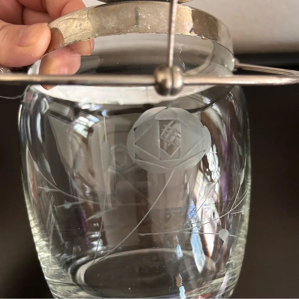 Vintage Mid-Century Modern Noritake Sasaki glass ice bucket etched floral tong